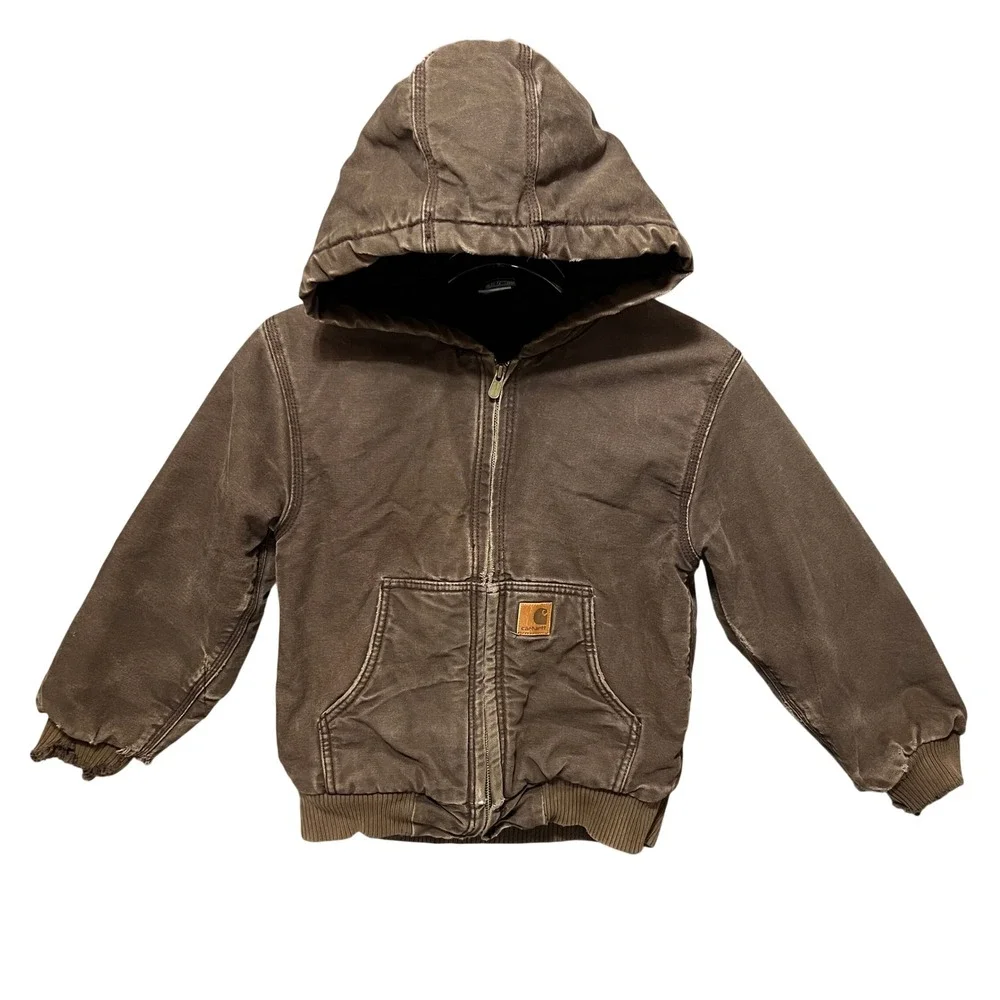Carhartt Boys Small 8/10 Brown Canvas Hooded Utility Jacket Distressed Faded